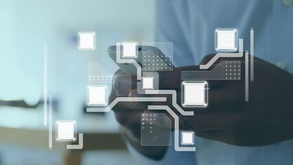 Poster - Digital interface with data processing against mid section of businessman using smartphone at office