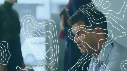 Poster - Topography pattern against caucasian businessman using smartphone at office
