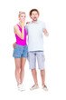 © Mediaphotos - Vertical full length studio portrait of young adult Caucasian man and woman astonished at something, white background
