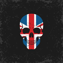 Color Illustration Of Skull, Flag On Background With Grunge Texture. Designer Element For Print, Emblem, Icon, Stickers, Label. Symbols Of Great Britain.