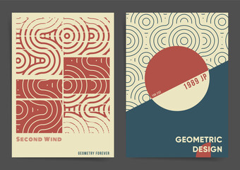 Retro Geometric Asian Poster Design Template Set. Best for poster, web art, brochure, book cover. Japanese waves and circles with geometric shapes elements and abstract lines. Vector background. 