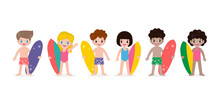 Summer Banner And Set Of Cute Surfer Children Character With Surfboard On Beach. Happy Young Surfer On The Crest Wave, Flat Vector Illustration Isolated On White Background