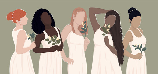 Wall Mural - set of drawn women from different ethnic groups in white dresses hold flowers in their hands. modern flat illustration. for postcard, poster, banner, magazine cover.