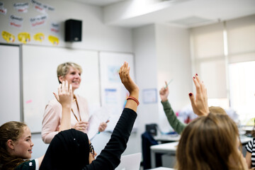 Wall Mural - students with their hands up responding to their teacher