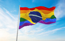 Brazil Lgbt Pride Flag Waving In The Wind At Cloudy Sky. Freedom And Love Concept. Pride Month. Activism, Community And Freedom Concept. Copy Space. 3d Illustration