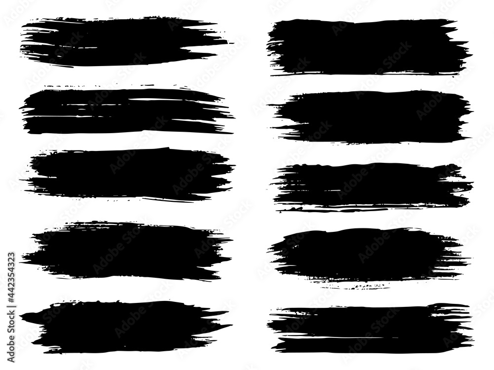 Vector collection or set of artistic black paint, ink or acrylic hand made creative brush stroke backgrounds isolated on white as grunge or grungy art, education abstract elements frame design - obrazy, fototapety, plakaty 