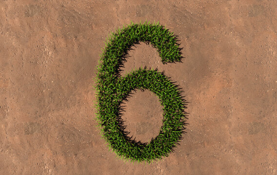 Concept conceptual green summer lawn grass symbol shape on brown soil or earth background, the font six. .3d illustration metaphor for nature, conservation, organic, growth, environment, ecology
