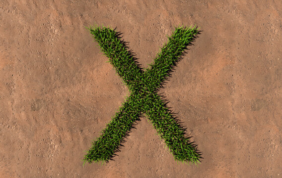 Concept conceptual green summer lawn grass symbol shape on brown soil or earth background, font of X. 3d illustration metaphor for nature, conservation, organic, growth, environment, ecology, spring
