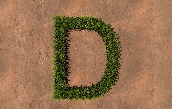 Concept conceptual green summer lawn grass symbol shape on brown soil or earth background, font of D. 3d illustration metaphor for nature, conservation, organic, growth, environment, ecology, spring