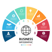 Circle Business Infographic With Eight Elements Around Center. Business Strategy Step Planning Concept. Vector Illustration In Flat Design. Can Be Used For Workflow Layout, Diagram, Web Design.