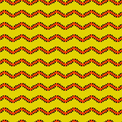 Poster - Yellow background and red waves. Vector seamless wallpaper with wavy stripes.