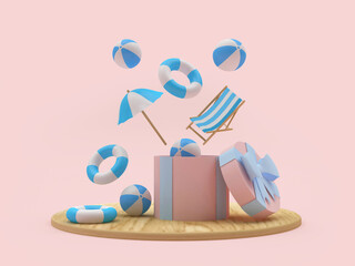 Sticker - Beach balls and umbrella and deck chair fly out of a gift box on pink. 3d illustration 