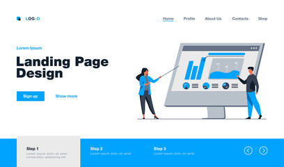 Professionals analyzing charts on computer monitor. Colleagues presenting diagram flat vector illustration. Business, marketing, analysis concept for banner, website design or landing web page