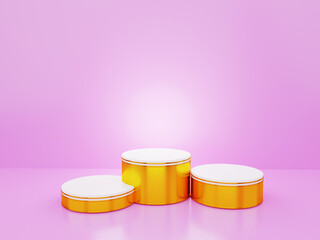 Wall Mural - Three golden podiums set on the floor and pink wall Abstract 3D rendering background, platform for placing merchandise and awards on a modern website.