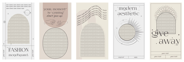 Wall Mural - Modern Aesthetic stories design template with mystic and astrology elements. Design backgrounds for social media with a place for a photo and motivation quotes. Editable vector illustration. 