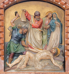 Wall Mural - VIENNA, AUSTIRA - JUNI 18, 2021: The relief of Jesus fall under the cross in the Herz Jesu church from begin of 20. cent. by Workroom from Munich.