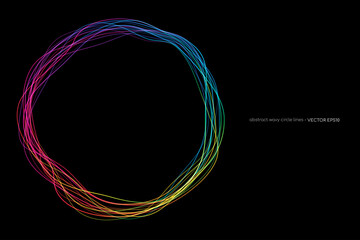 Vector abstract circles light lines wave round frame colorful rainbow isolated on black background with empty space for text in concept technology, science, music.