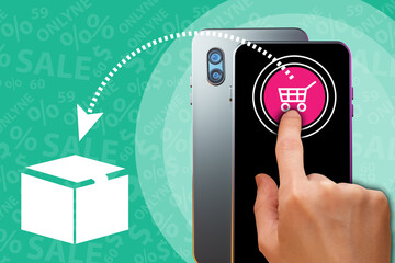 Poster - Online shopping in app. Man clicks on trash can smartphone with supermarket shopping cart icon. Metaphor of adding item to cart. Two phones on green background. Online shopping via internet apps