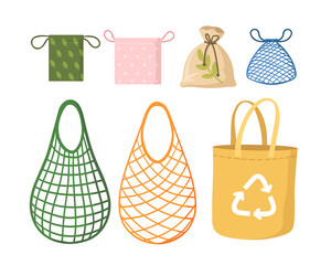 Eco shopping net bags flat vector illustration set. Drawing kit, tote and bulk bags for grocery shopping. Zero waste, plastic free, recycling, eco-friendly concept