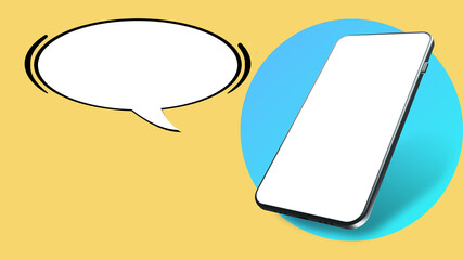 Poster - Blank screen phone. Mockup of a smartphone with white screen. Collage on theme of advertising applications. Cloud for text near to smartphone. Smartphone template on yellow background. 3d image