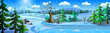 Winter forest landscape with frozen river, snowdrifts and fir trees. Blizzard in a snowy forest.