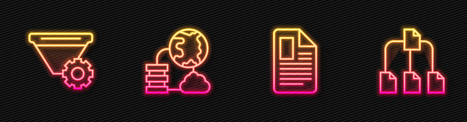 Aufkleber - Set line File document, Filter setting, Network cloud connection and Folder tree. Glowing neon icon. Vector