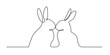 Continuous line art of a romantic rabbits. Two sitting bunnies touching their noses, a pair of animals. Line art on white background, concept of a tender family relationship and love. Editable stroke.