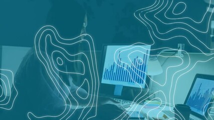 Poster - Animation of white lines moving over businesswoman using laptop