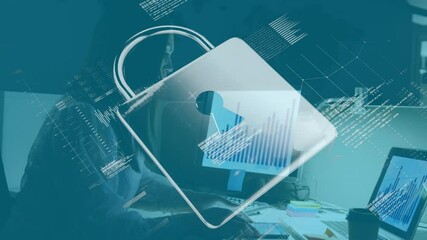 Poster - Animation of online security padlock and data processing over businesswoman using laptop
