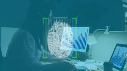 Wall Mural - Animation of fingerprint scan, over woman accessing data using computers and tablet