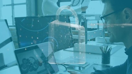 Poster - Animation of online security padlock and data processing over businessman using laptop
