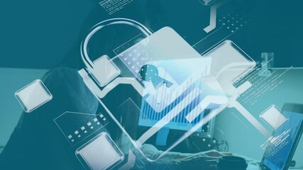 Poster - Animation of online security padlock and data processing over businesswoman using laptop