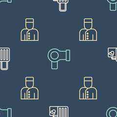 Poster - Set line Suitcase, Concierge and Hair dryer on seamless pattern. Vector