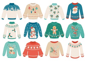 Cartoon winter sweater. Christmas ugly sweaters with snowman, santa, gingerbread men, ornaments. Cozy warm winter knitted clothes vector set. Funny pullover for new year or xmas party