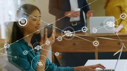 Poster - Animation of network of digital icons over businesswoman using smartphone