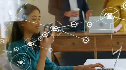 Poster - Animation of network of digital icons over businesswoman using smartphone