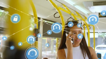 Poster - Animation of network of connections with icons over woman using smartphone