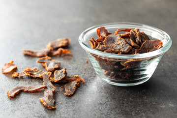 Canvas Print - Sliced beef jerky. Dried beef meat.