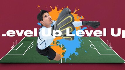 Wall Mural - animation of words level up over goalkeeper with blue and orange splashes over football pitch