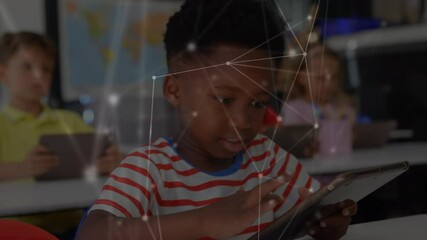 Poster - Animation of network of connections moving over schoolboy using smartphone in classroom