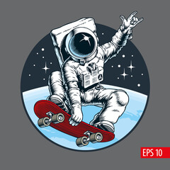 astronaut skater riding on skateboard through the space. comic style vector illustration. isolated o