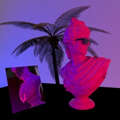 Poster - 3D illustration of Apollo Belvedere bust with sunglasses on tile floor. Postmodern vaporwave style sculpture in neon lightning.