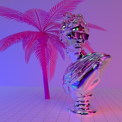 Wall Mural - 3D illustration of polished chromium Apollo Belvedere bust with sunglasses. Postmodern vaporwave style sculpture in neon lightning.