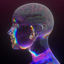 Conceptual 3D Illustration Of Artificial Intelligence. Robot Head With A Brain Made Of Transparent Holographic Material.