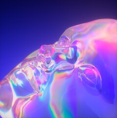 Poster - 3D illustration of artificial human face made of glass with holographic chromatic aberrations. Surreal sci-fi retrowave style.