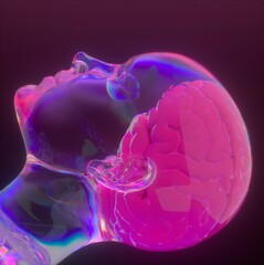 Aufkleber - Conceptual 3D illustration of artificial intelligence. Robot head made of transparent material with a brain.