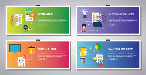 Poster - Web banners template in vector with icons of deleting files, delete documents, computer trash and smartphone data destroy. Flat design icons in vector illustration.