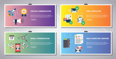 Poster - Web banners template in vector with icons of communication, email protection, mobile communication, and email marketing. Flat design icons in vector illustration.