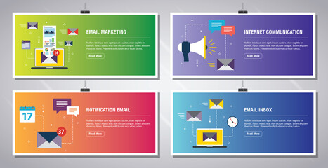 Poster - Web banners template in vector with icons of email marketing, internet communication, notification email and email inbox. Flat design icons in vector illustration.