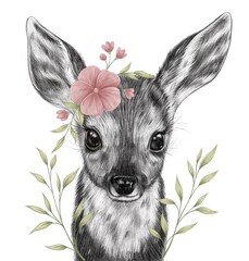 Wall Mural - Cute deer illustration. Baby deer with flowers. Realistic illustration. Black and white.